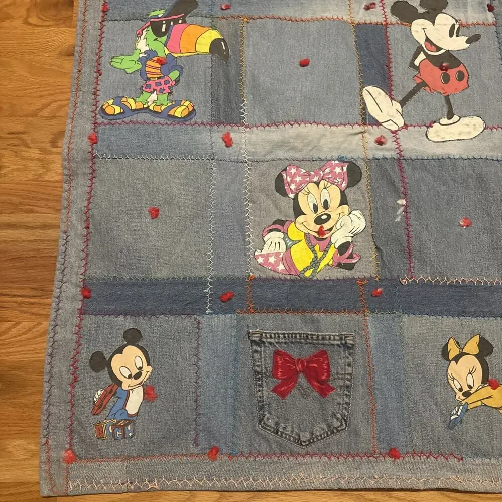 Handmade Denim Patchwork Kids Throw Blanket Mickey Minnie Winnie The Pooh 41x31”